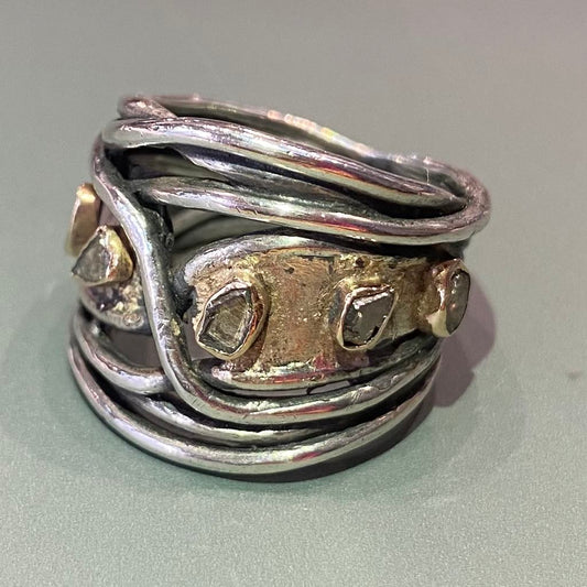 Silver Oxidised Ring with Diamonds