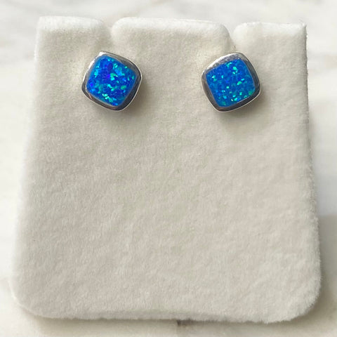 Square Blue Opal Stud Earrings