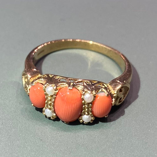Coral and Seed Pearl Ring