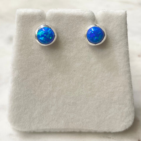 Round Blue Opal Stud Earrings