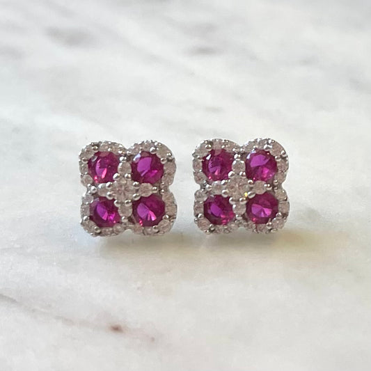 Silver and Ruby Cubic Zirconia Clover Shape Earrings
