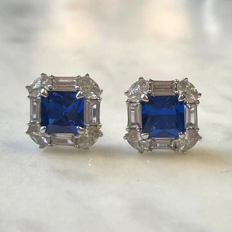 Silver and Sapphire Cubic Zirconia Stud Earrings