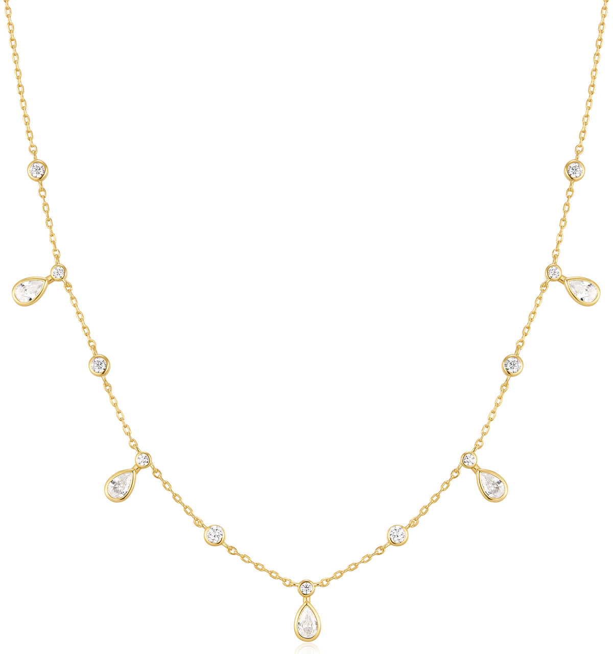 Gold Bezel Round & Teardrop Drop Station Necklace