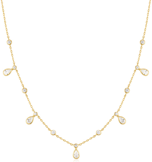 Gold Bezel Round & Teardrop Drop Station Necklace