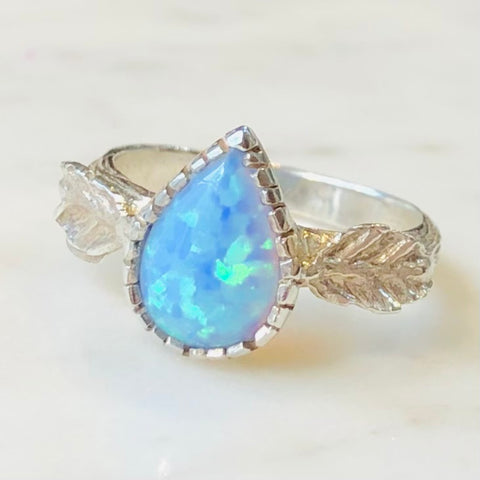 Silver Leaf Detailed Opal Ring
