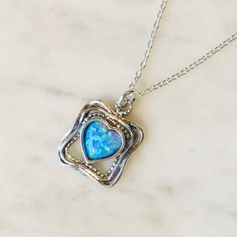 Square Sterling Silver and Opal Heart Necklace