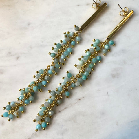 Long Gold Aqua Crystal Earrings