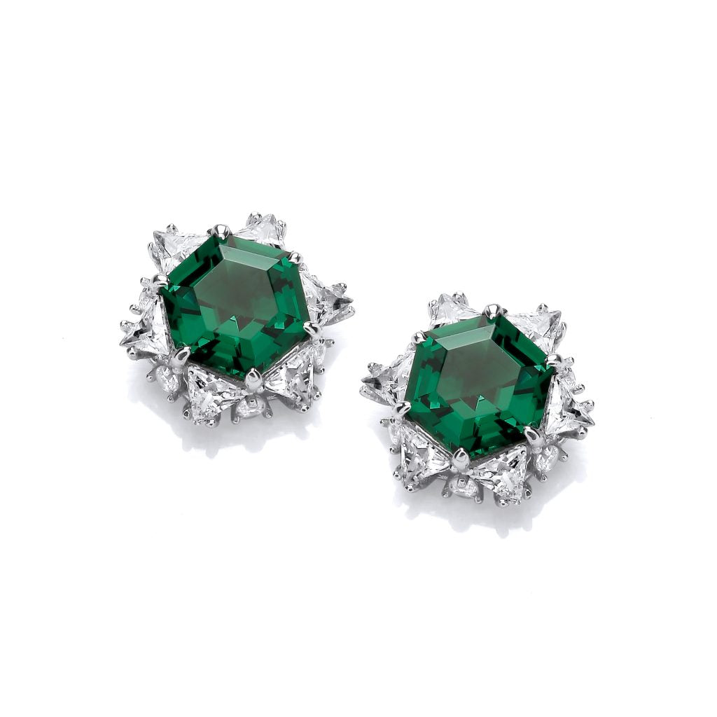 Silver and Emerald Cubic Zirconia Stud Earrings