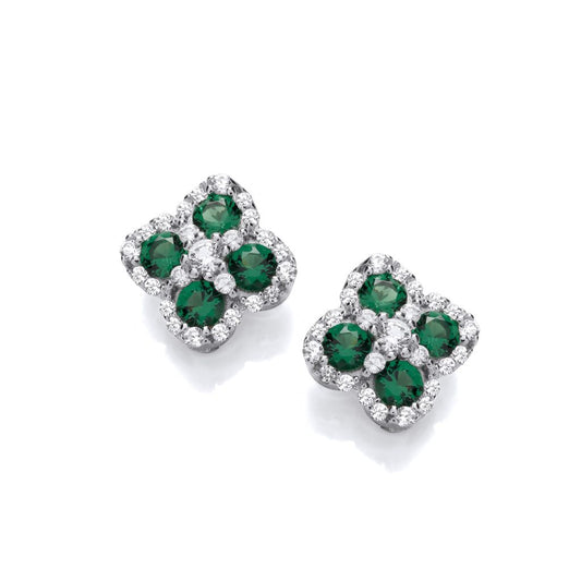 Silver and Emerald Cubic Zirconia Clover Shape Earrings