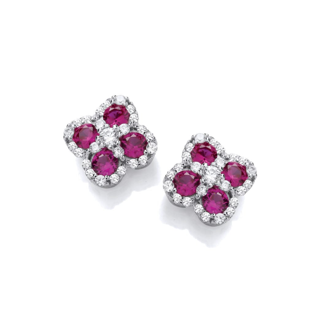 Silver and Ruby Cubic Zirconia Clover Shape Earrings