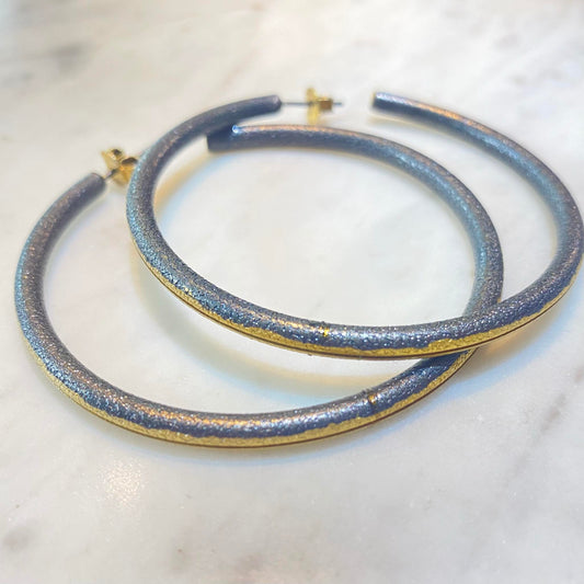 Large Handmade Oxidised Silver and Gold Hoops