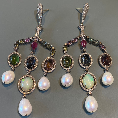 Chandelier Earrings with Tourmaline, Opal, Diamond and Pearl
