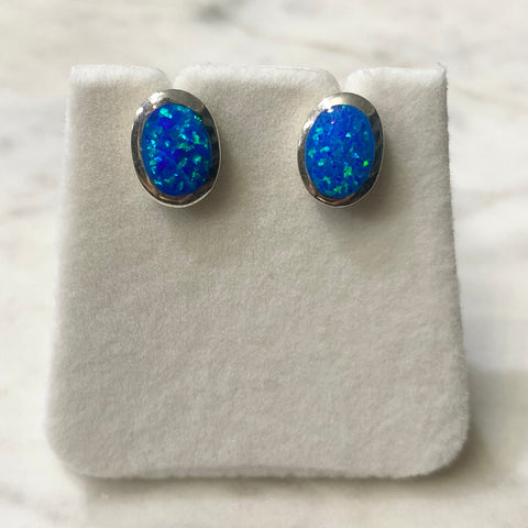Blue Opal Oval Silver Stud Earrings