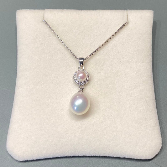 Double Drop Pearl and CZ Pendant on Chain