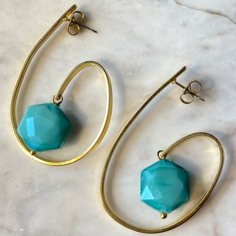 Gold Blue Stone Hoop Earrings