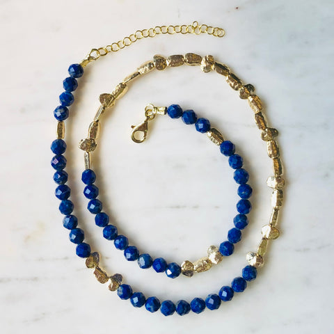 Lapis Faceted Beaded Necklace With Gold Plate Nuggets