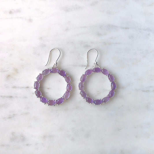 Open Hoop Cabochon Cut Amethyst Earrings
