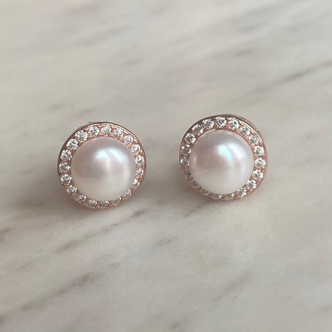 Pearl Crystal and Rose Gold Studs
