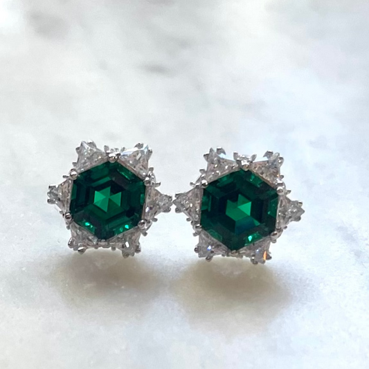 Silver and Emerald Cubic Zirconia Stud Earrings