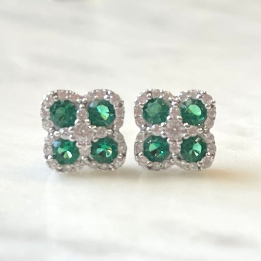 Silver and Emerald Cubic Zirconia Clover Shape Earrings