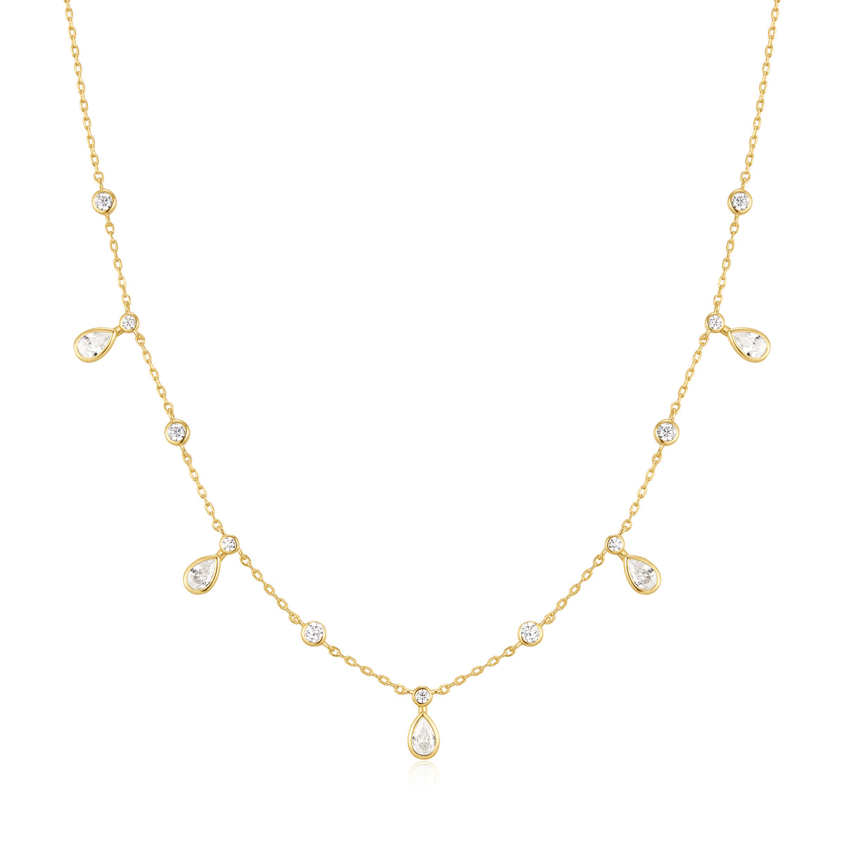 Gold Bezel Round & Teardrop Drop Station Necklace