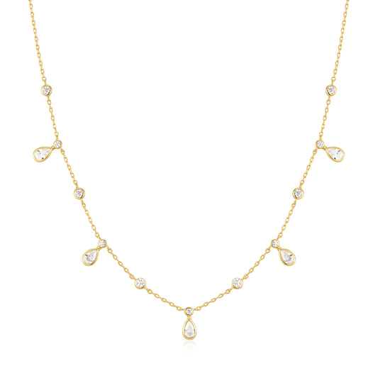Gold Bezel Round & Teardrop Drop Station Necklace