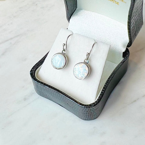 Round White Opal Drop Earrings