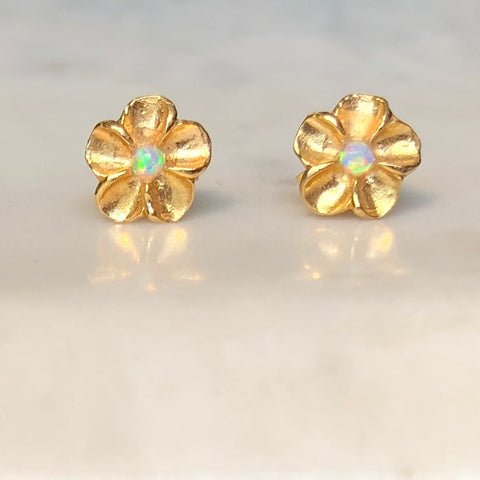 Gold Plated Sterling Silver and Opal Flower Stud Earrings