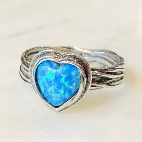 Chunky Silver Heart Opal Ring