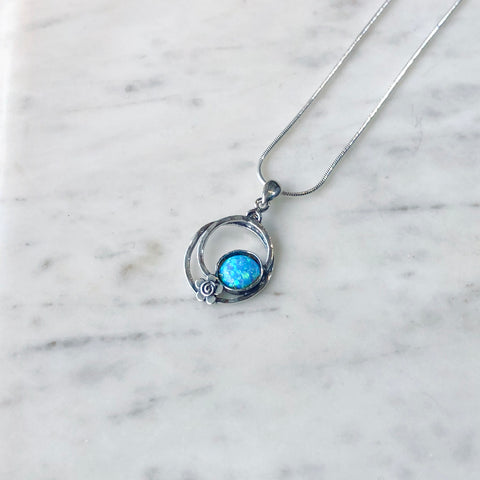 Oval Pendant With Blue Opal And Flower