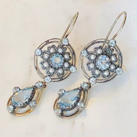 Vintage Blue topaz and pearl drop earrings