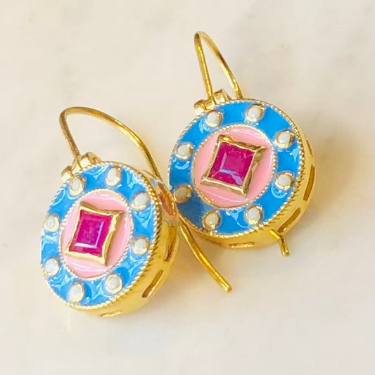 Round Enamel and Ruby Earrings