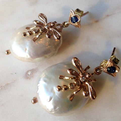 Baroque Pearl, Sapphire and Diamond Earrings