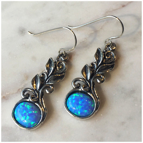 Blue Opal and Silver Drop Earrings With Leaf Design