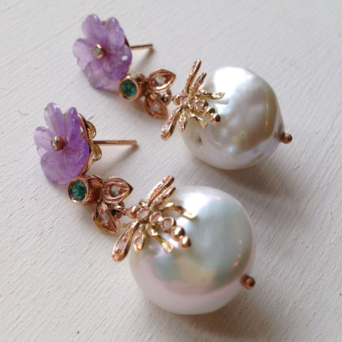 Baroque Pearl with carved Amethyst, Emerald and Diamond Drop Earrings